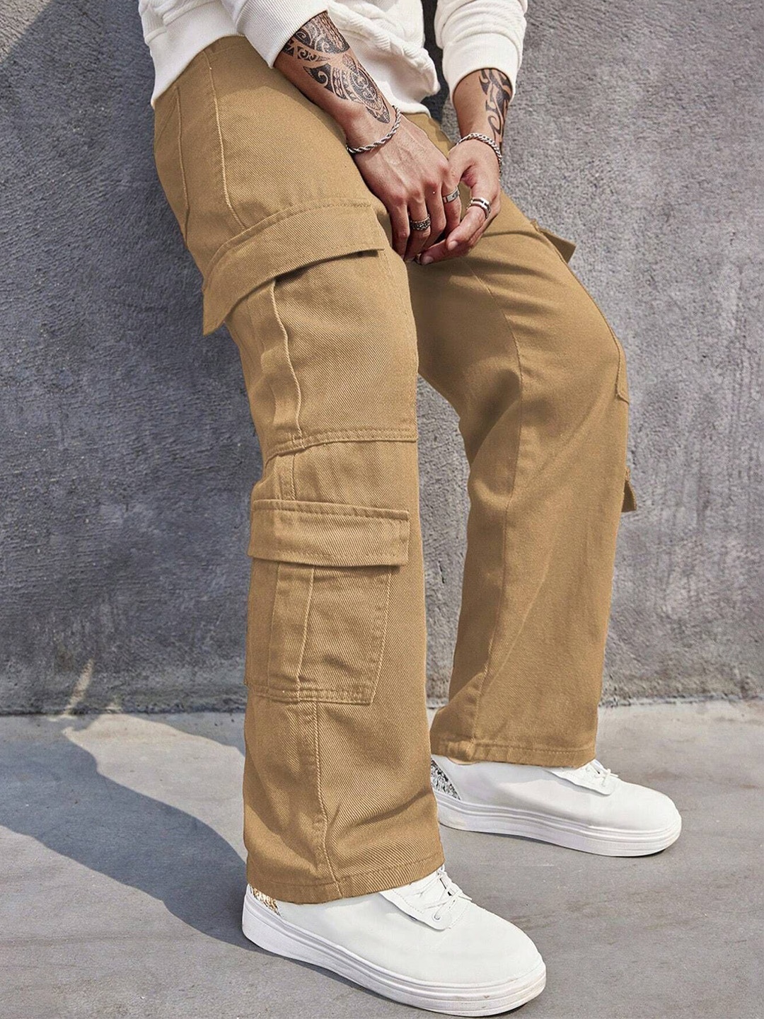 

URBAN INDY Men Cotton Cargo Trousers, Khaki