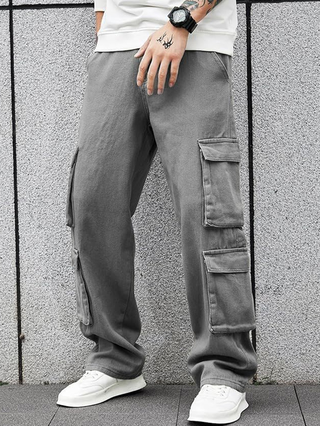

URBAN INDY Men High-Rise Cotton Cargos Trousers, Grey