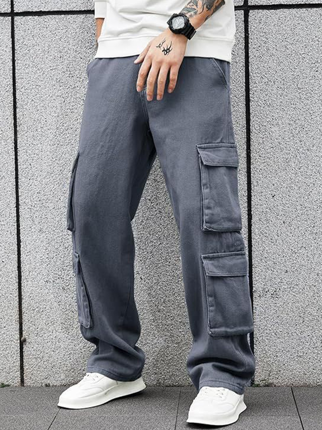 URBAN INDY Men Mid-Rise Cotton Easy Wash Cargo Trousers, Grey