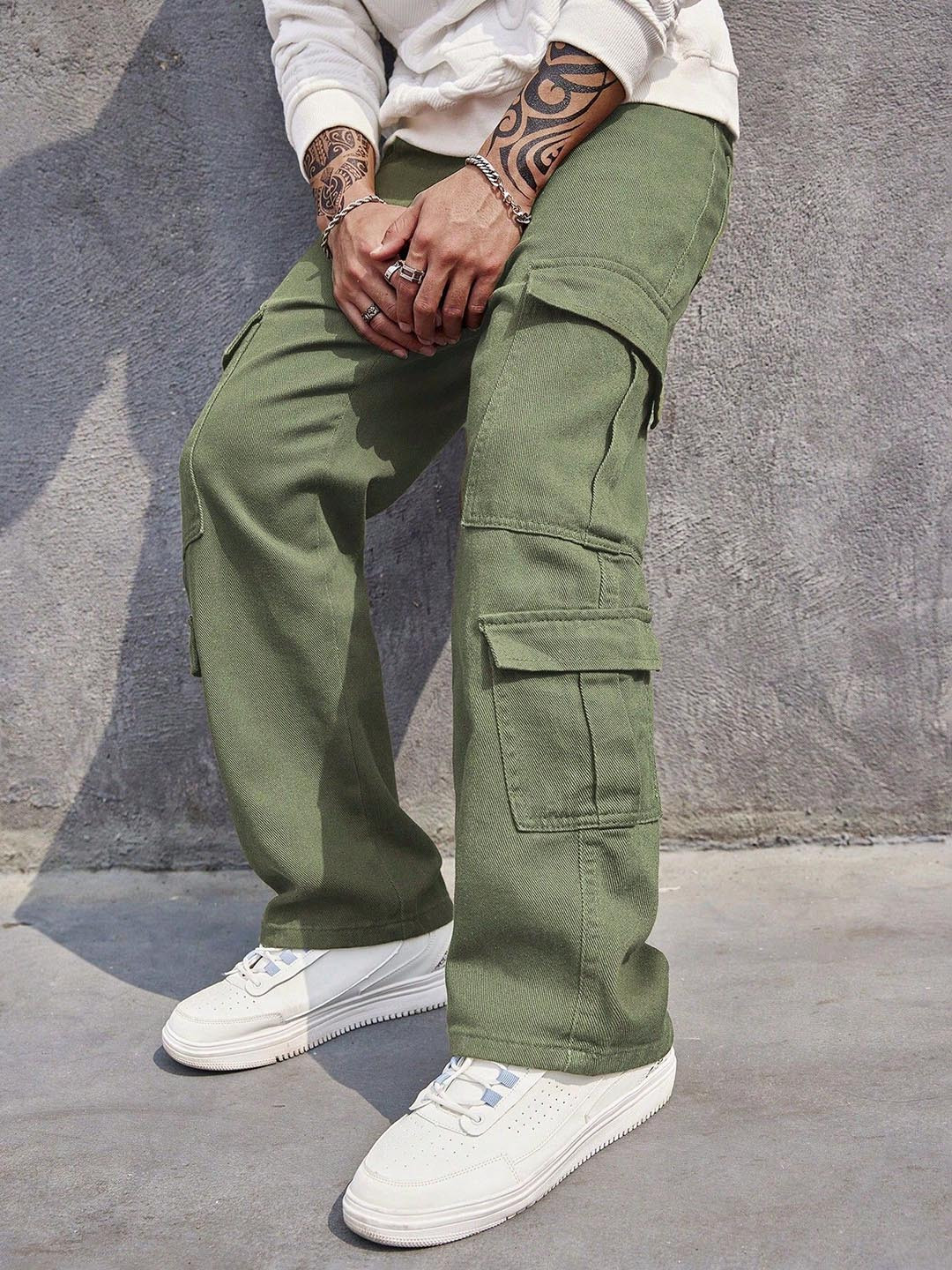 

URBAN INDY Men Regular Fit High-Rise Cotton Cargo Trouser, Olive
