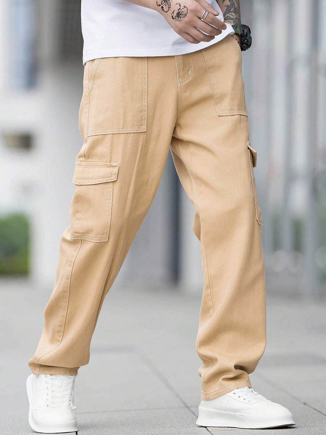 

URNAN INDY Men Cotton Cargo Trousers, Khaki