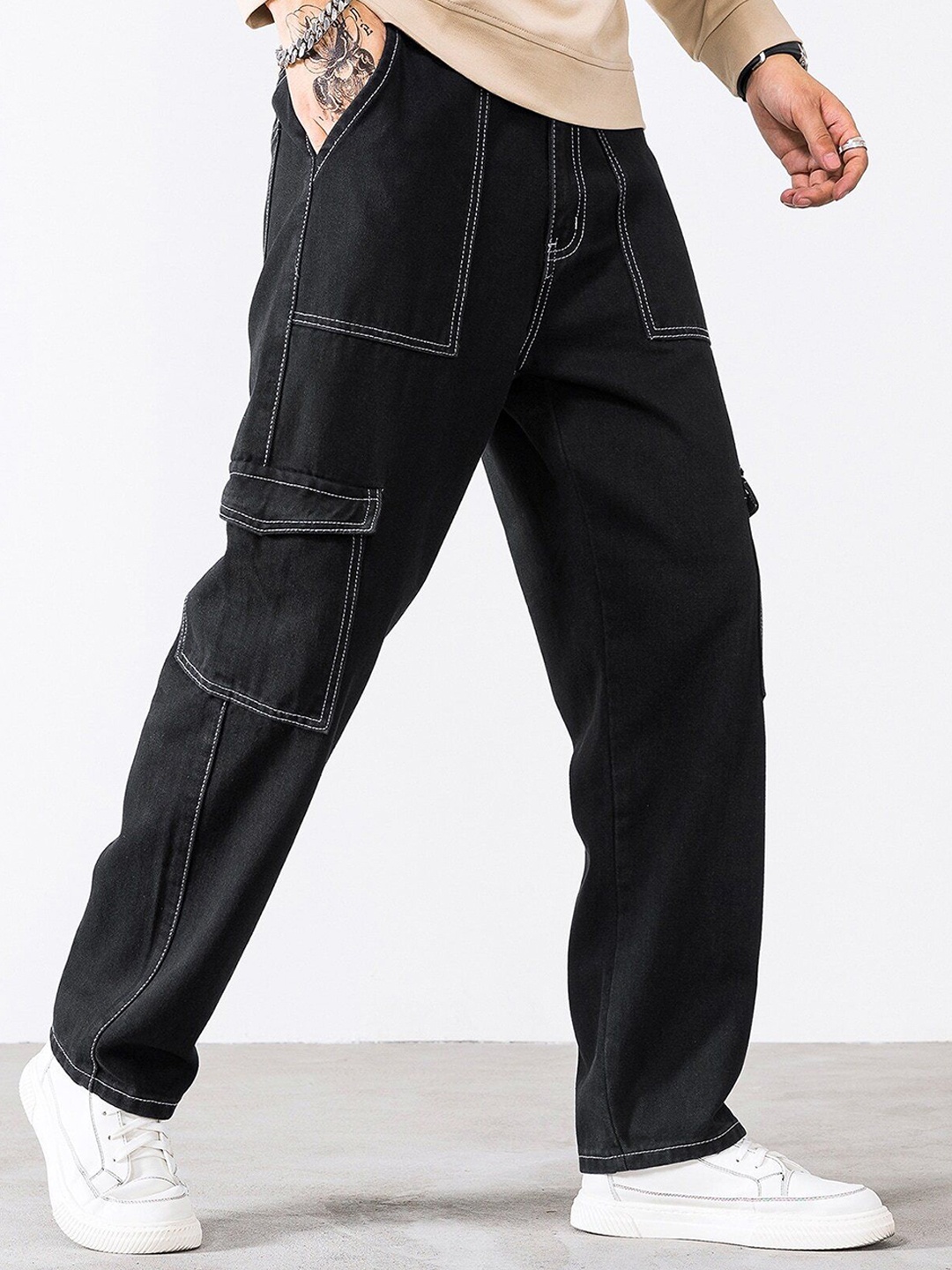 

URBAN INDY Men Cotton Cargo Trousers, Black