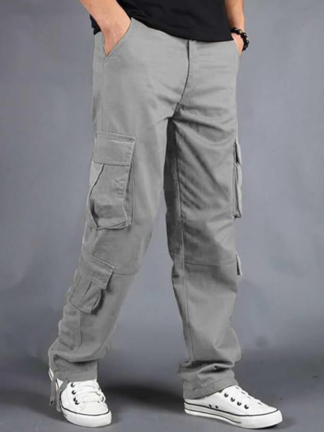 

URBAN INDY Men High-Rise Cotton Cargo Trousers, Grey