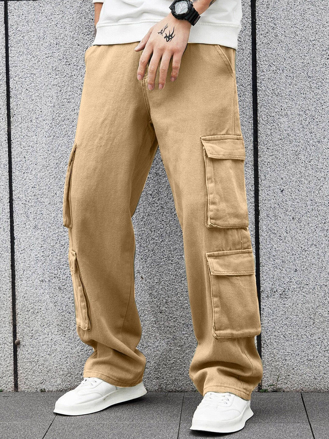 

URBAN INDY Men Regular Fit High-Rise Cotton Cargo Trouser, Beige