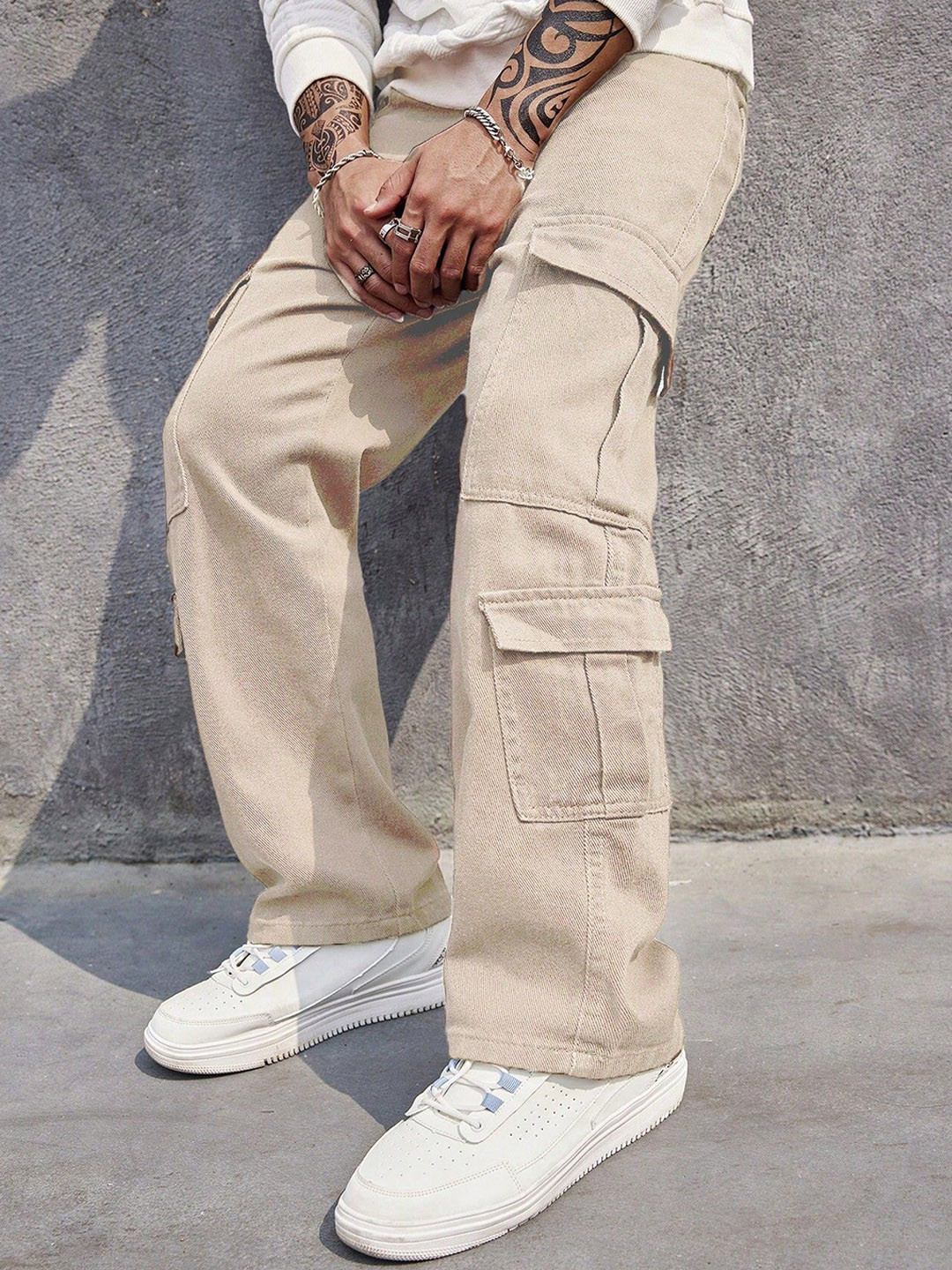 

URBAN INDY Men Cotton Cargo Trousers, Khaki