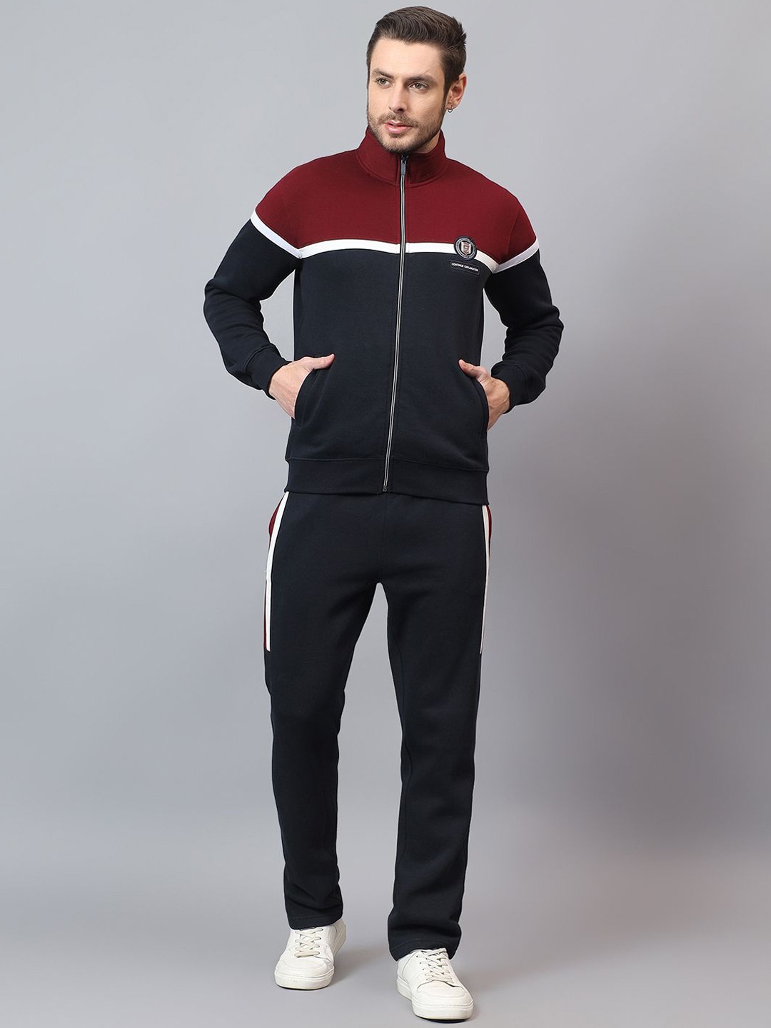 

Cantabil Men Colorblock Mock Collar Mid-Rise Tracksuit, Navy blue