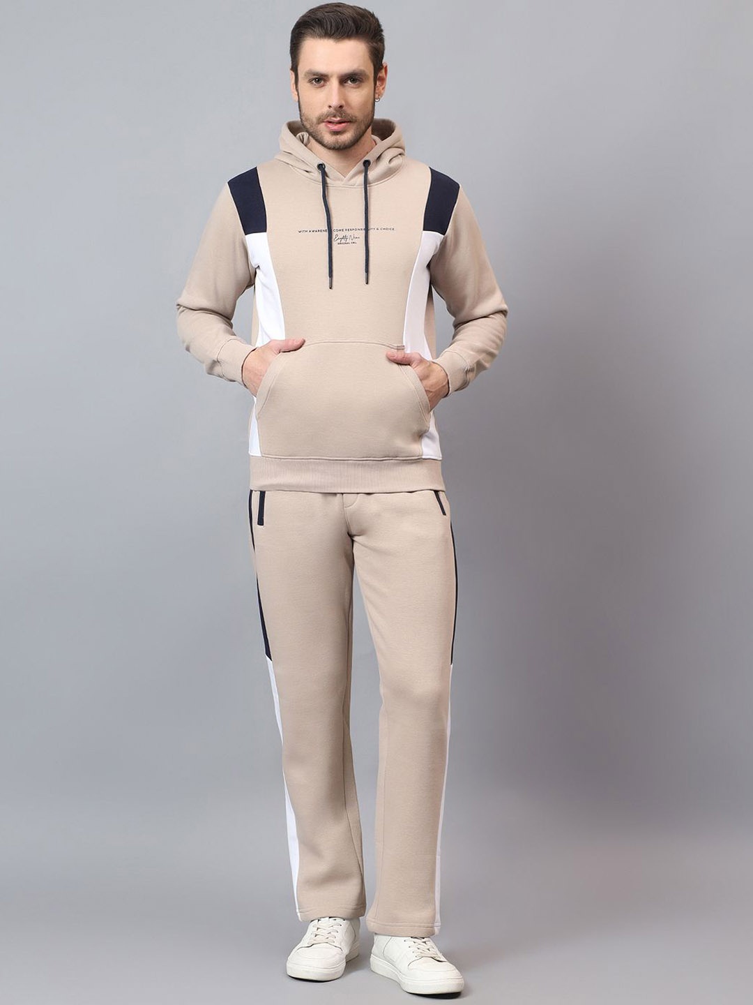 Cantabil Men Colourblocked Hooded Tracksuit, Beige