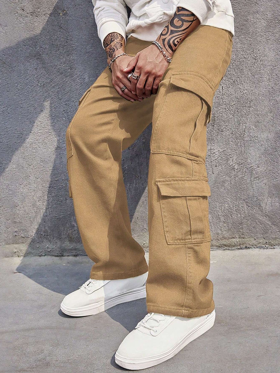 

URBAN INDY Men Regular Fit High-Rise Cotton Cargo Trousers, Khaki
