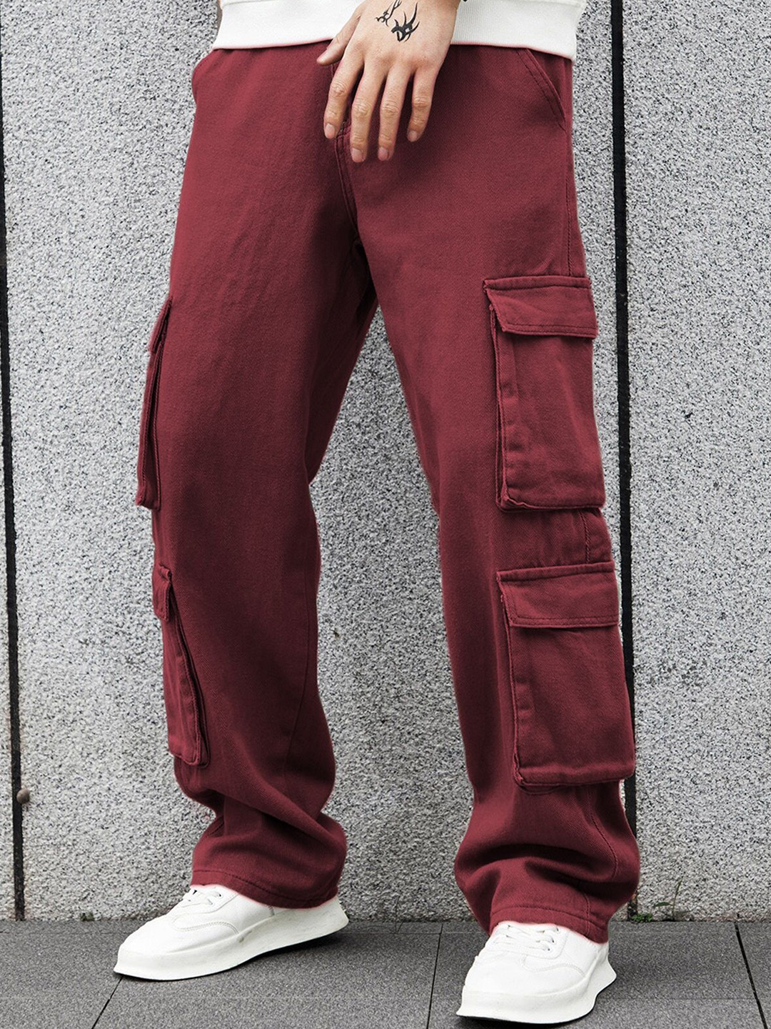 

URBAN INDY Men High-Rise Cotton Cargo Trousers, Brown