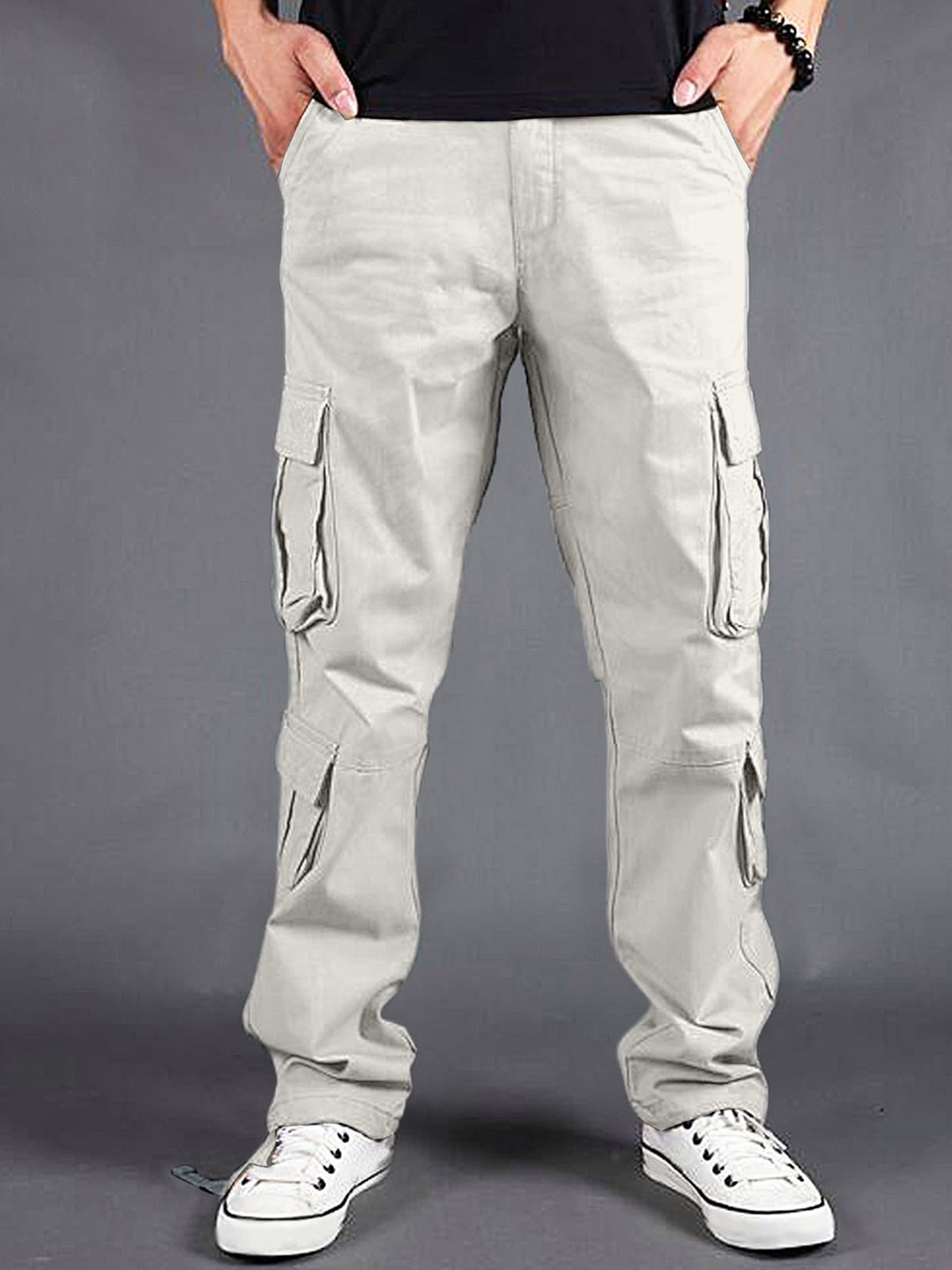 

URBAN INDY Men High-Rise Cotton Cargo Trousers, White