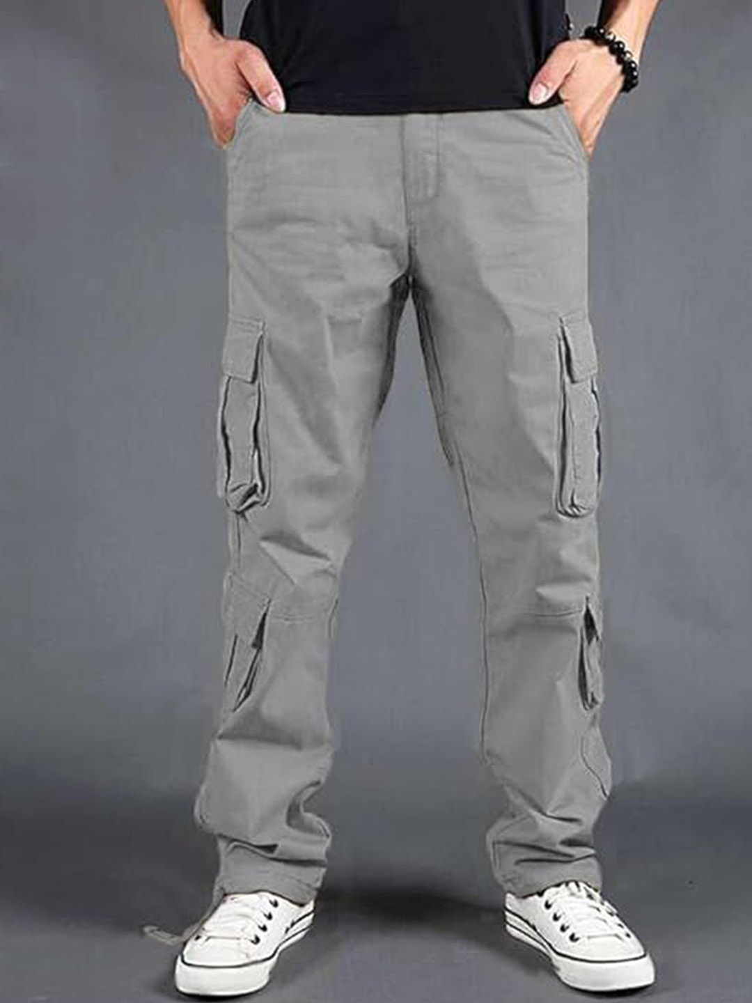 

URBAN INDY Men Mid-Rise Cotton Easy Wash Cargo Trousers, Grey