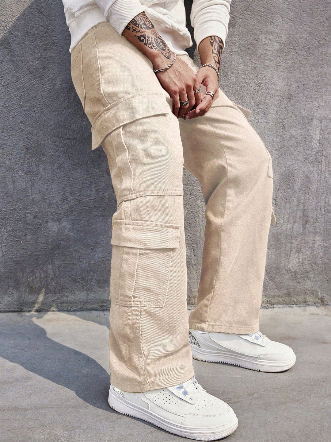 

URBAN INDY Men Regular Fit High-Rise Cotton Cargo Trousers, Khaki