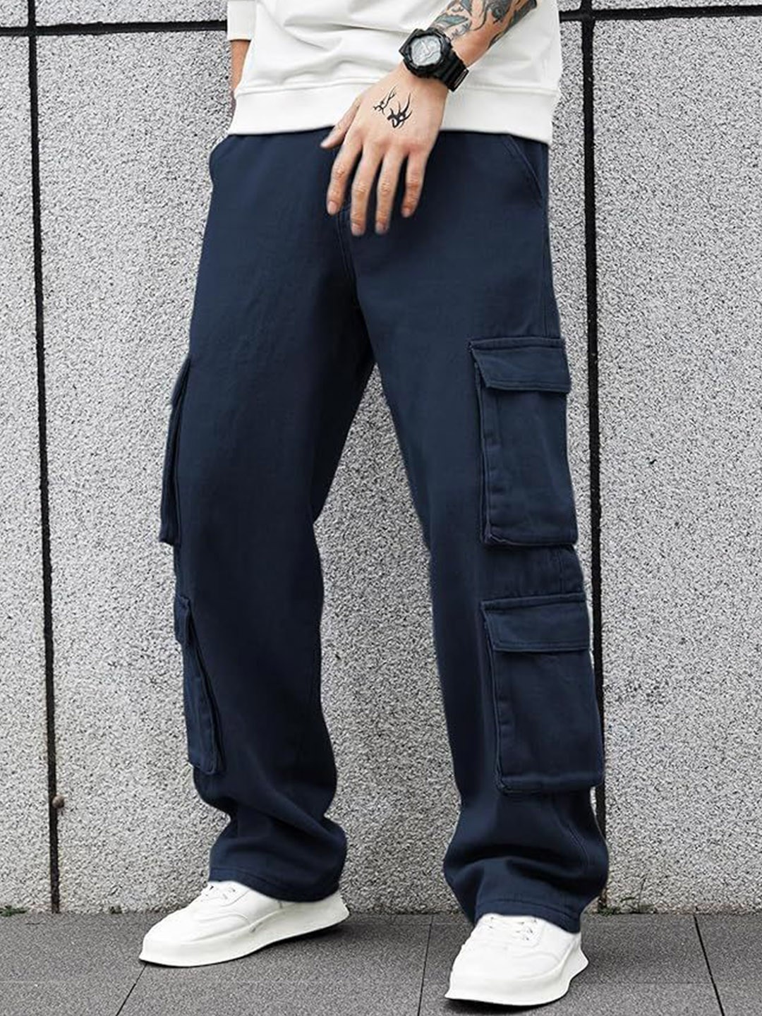 

URBAN INDY Men Regular Fit High-Rise Cotton Cargo Trousers, Blue