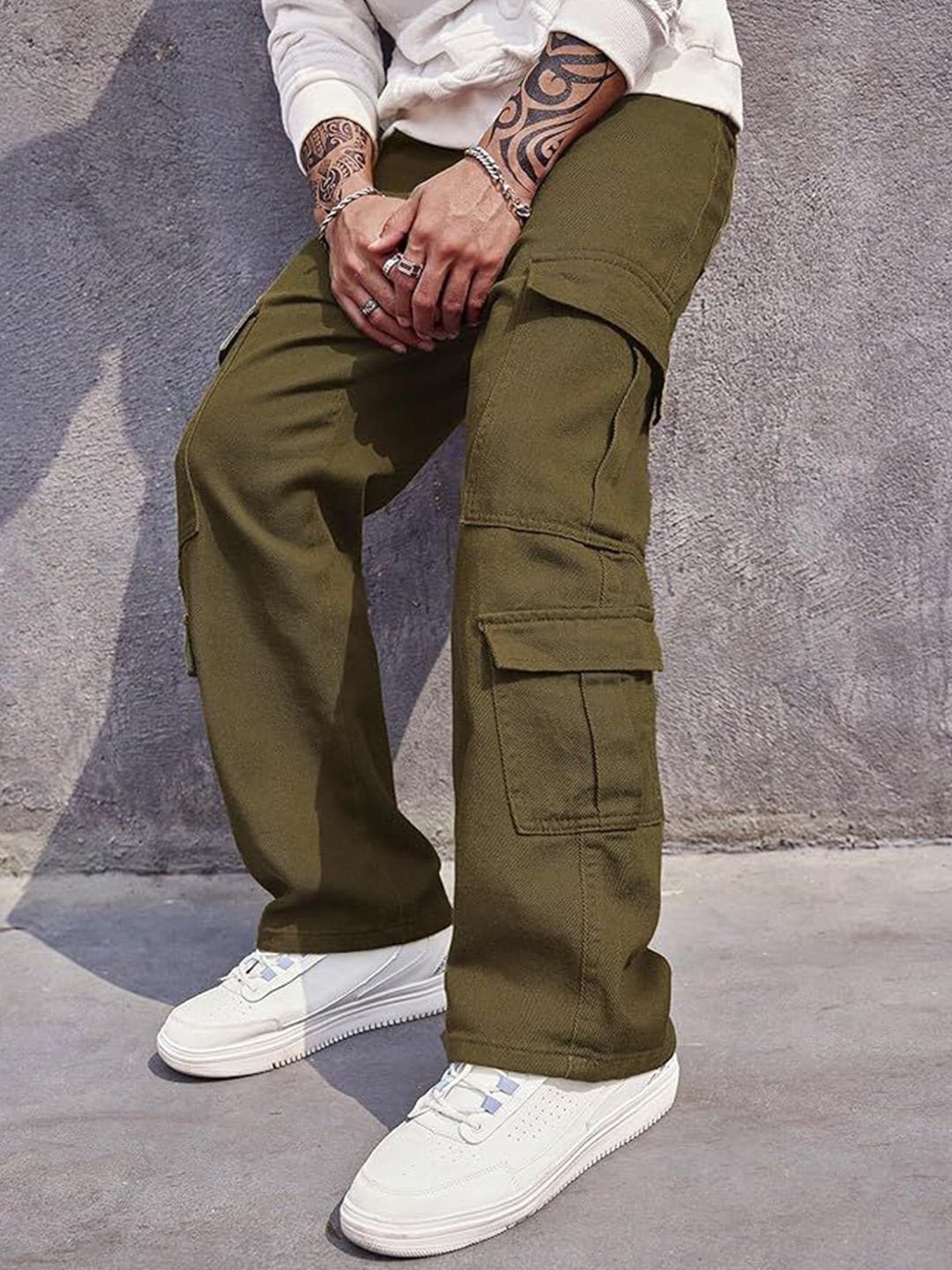 

URBAN INDY Men High-Rise Cotton Cargo Trousers, Brown