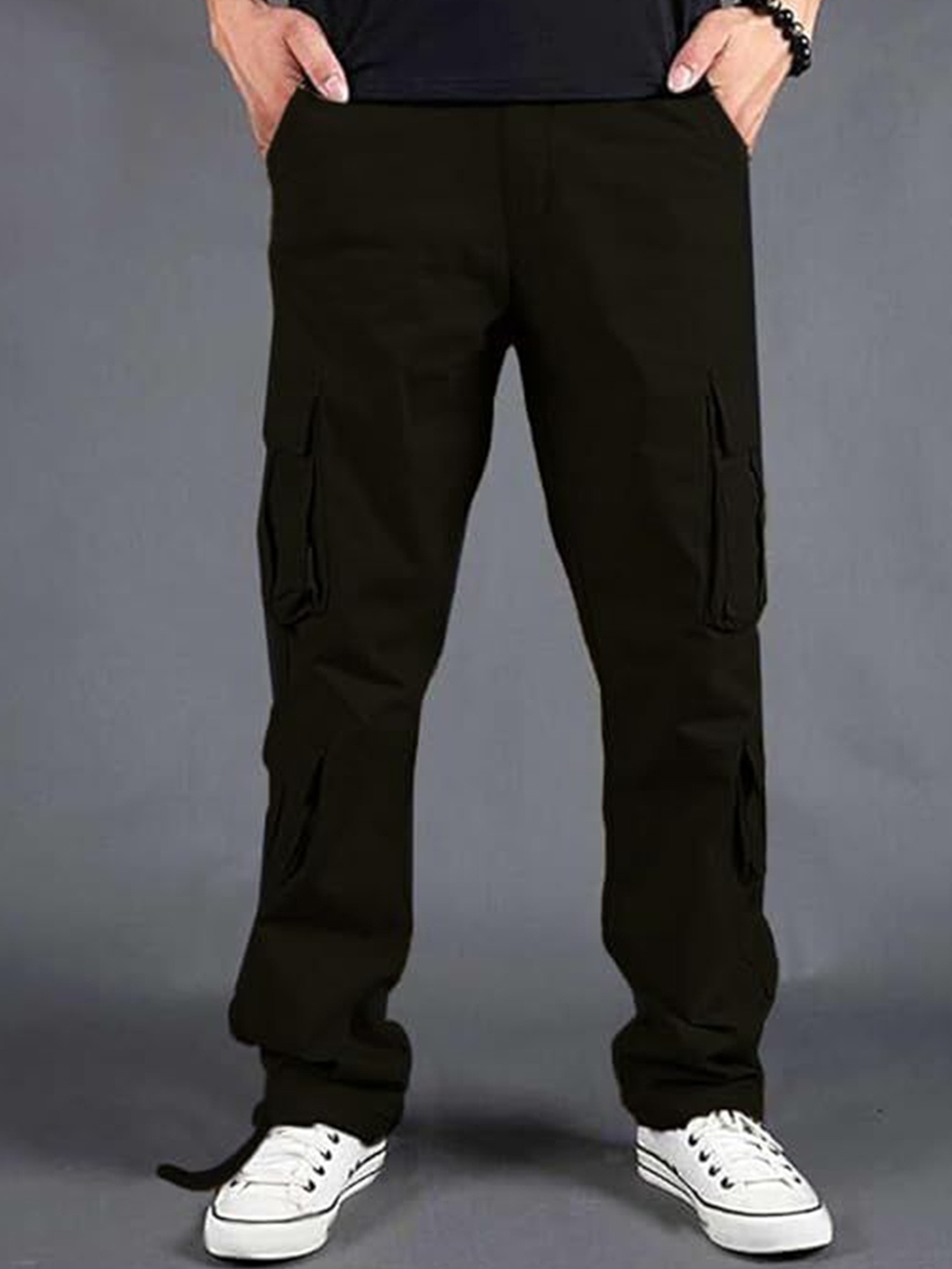 

URBAN INDY Men Cotton High-Rise Cargo Trousers, Black