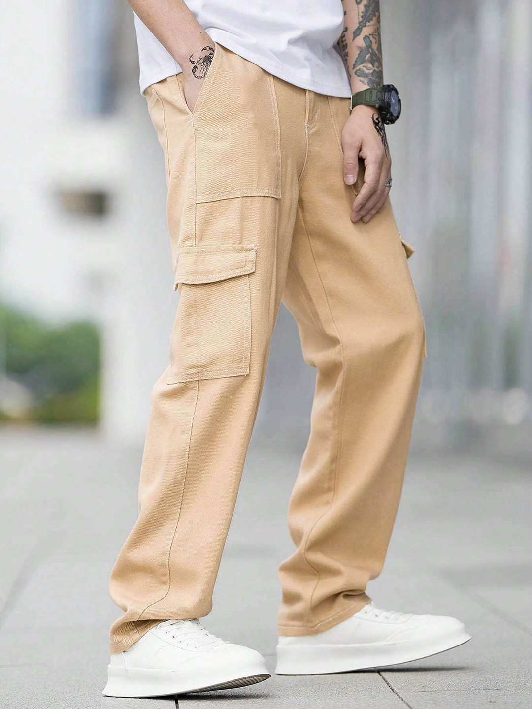 

URNAN INDY Men Cotton Cargo Trousers, Khaki