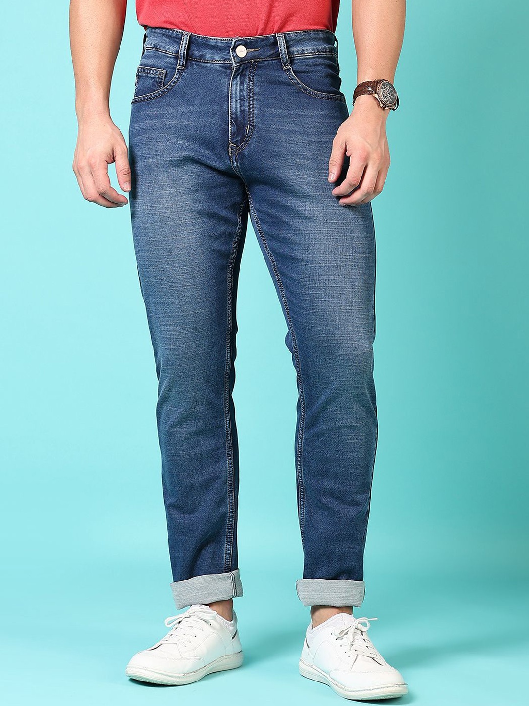 

V-Mart Women Men Regular Fit Mid-Rise Light Fade Cotton Jeans, Blue