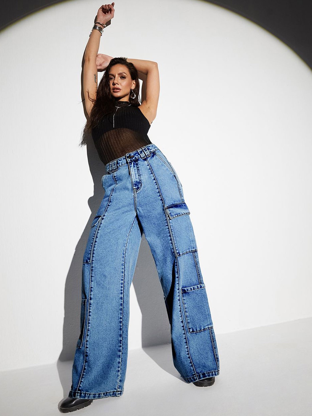 

Miss Chase Women Wide Leg High-Rise Cargo Styles Jeans, Blue