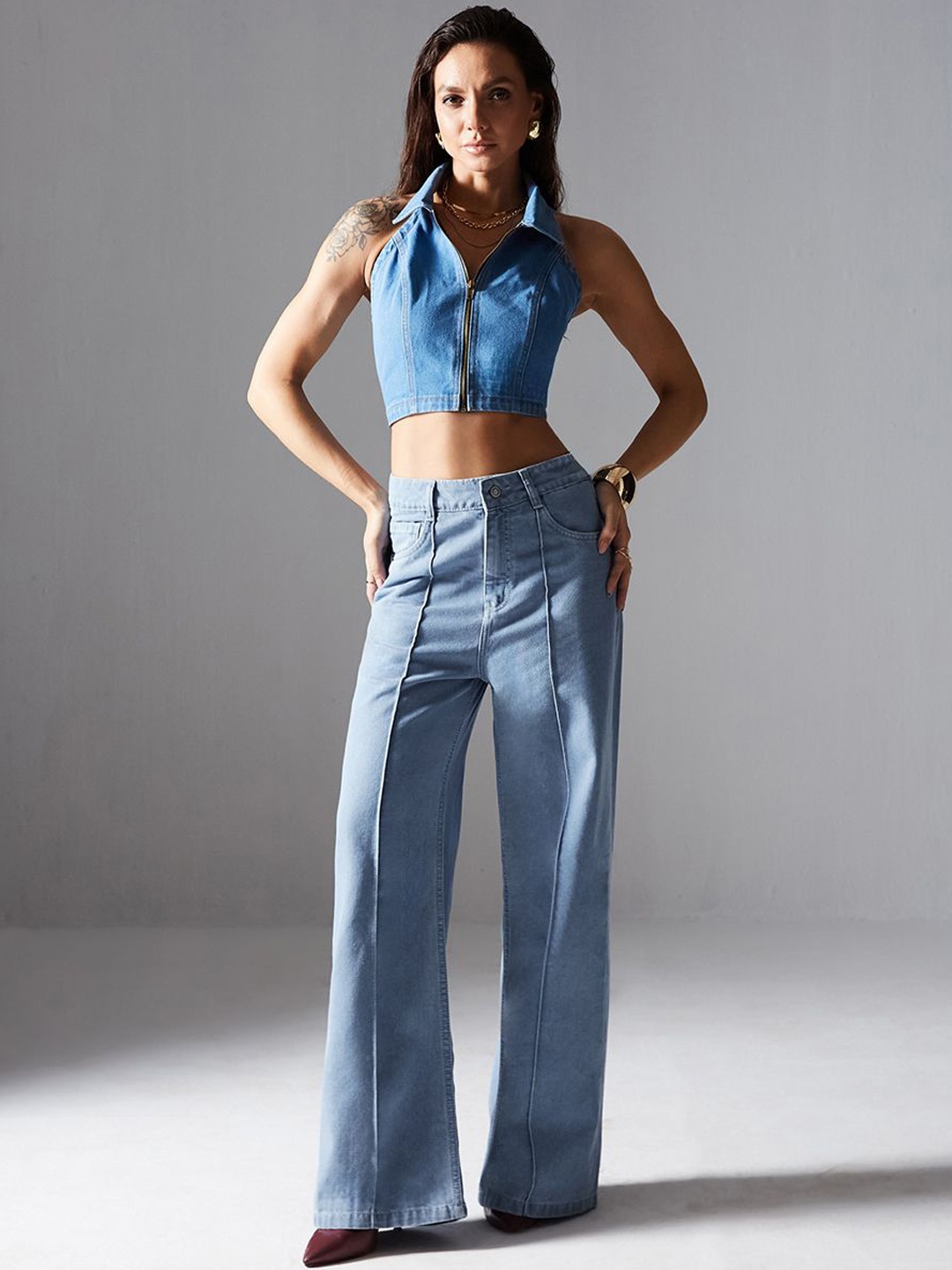 

Miss Chase Women Straight Fit High-Rise Heavy Fade Jeans, Blue