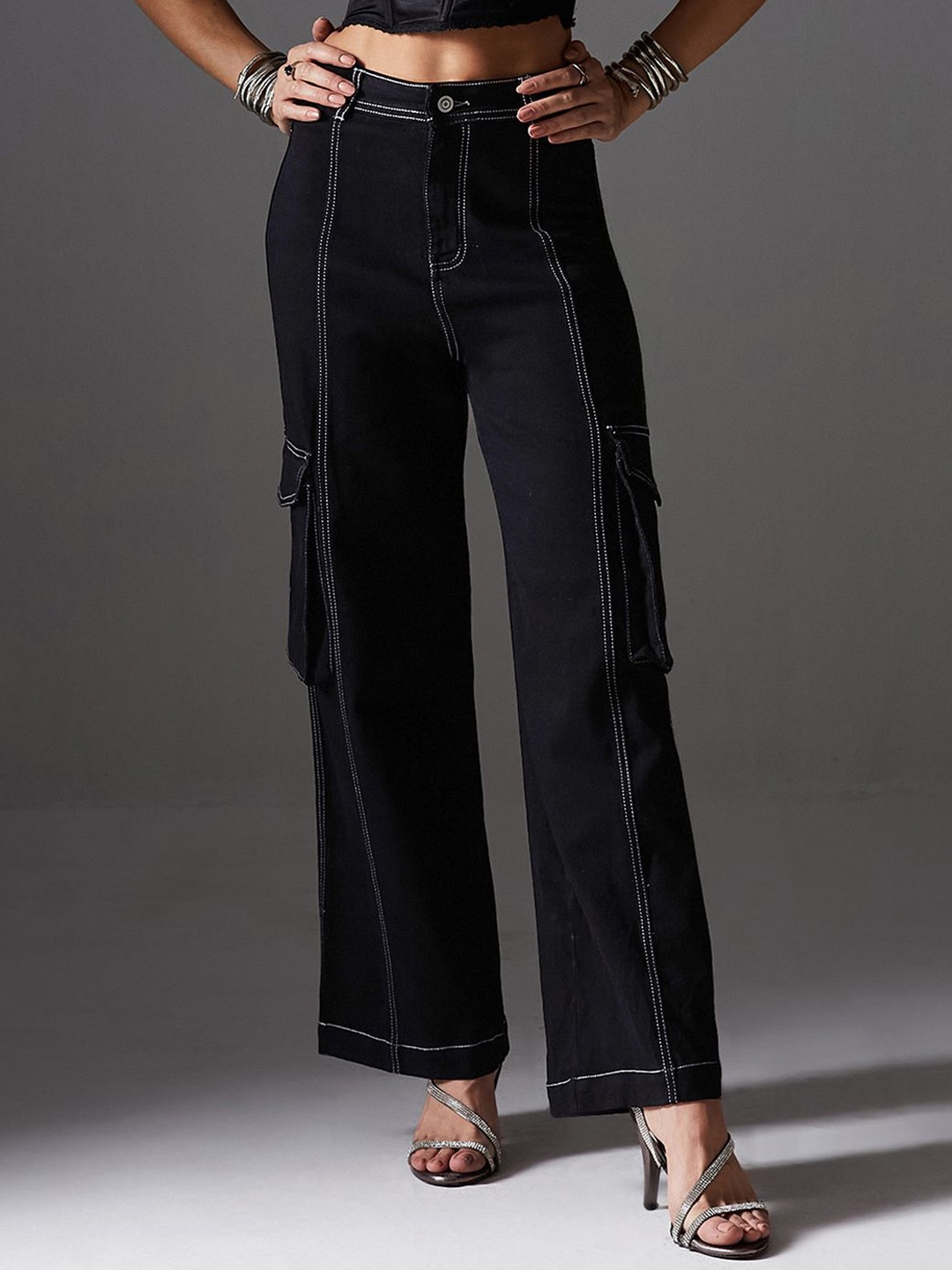 

Miss Chase Women Wide Leg High-Rise Stretchable Jeans, Black