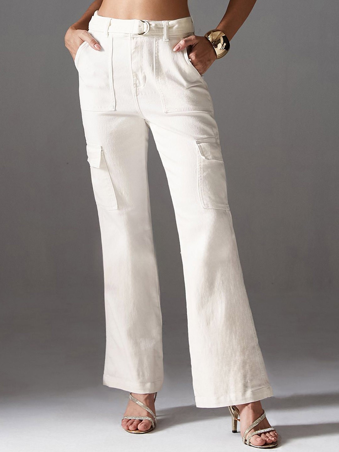 

Miss Chase Women Wide Leg High-Rise Cargo Styles Jeans, White