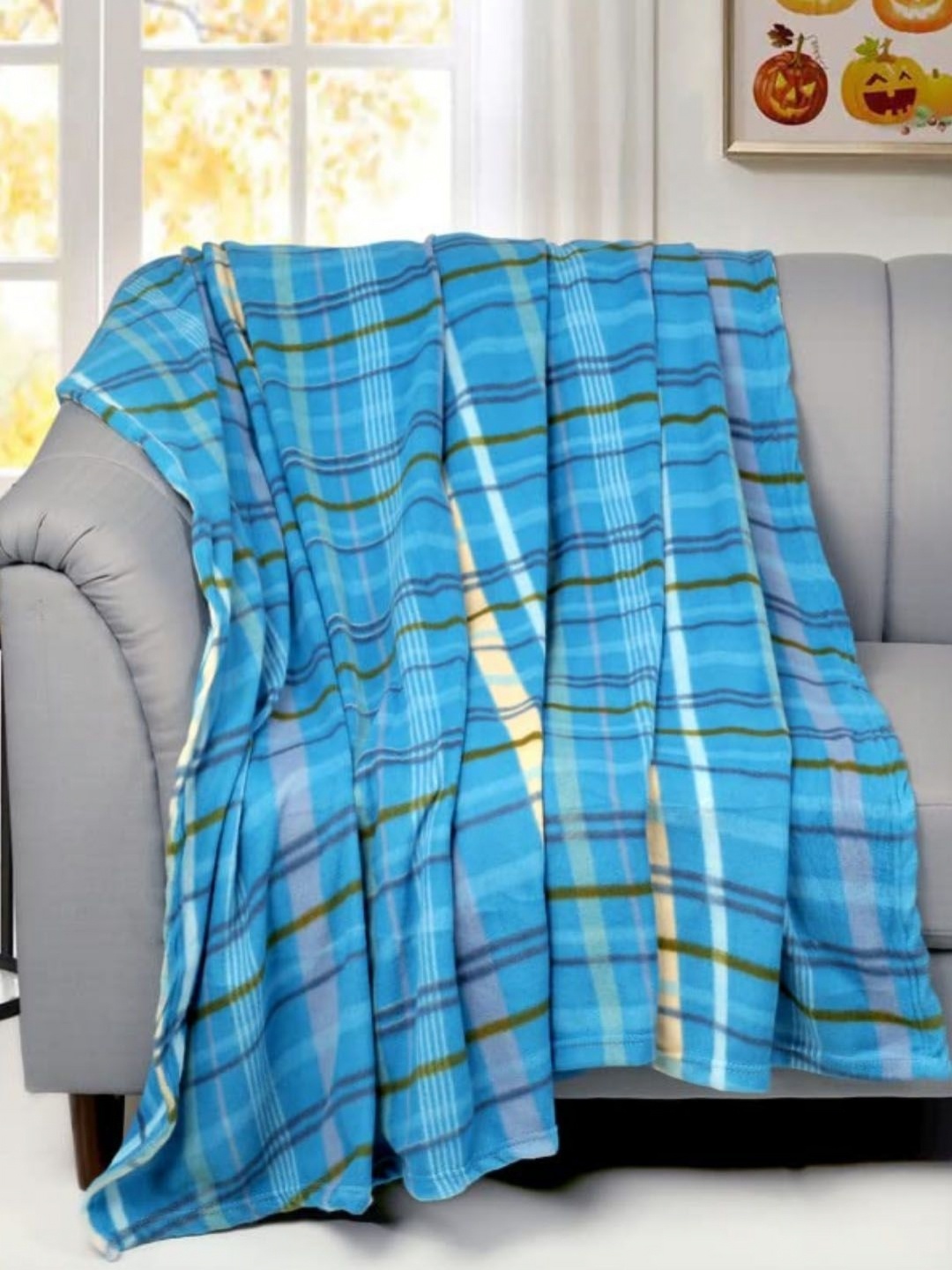 

VAS COLLECTIONS Turquoise Blue & Black Checked Fleece 350 GSM Double Bed Blanket