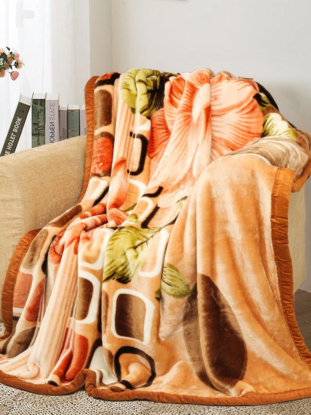

VAS COLLECTIONS Brown & Green Floral Fleece 500 GSM Single Bed Blanket