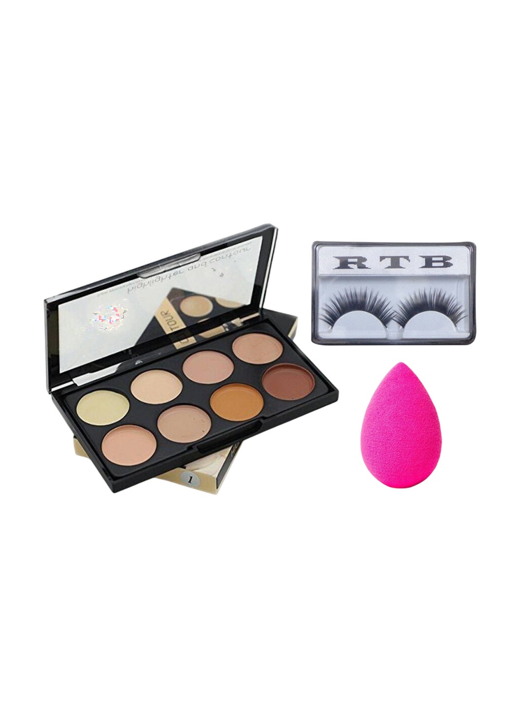 

Lenon 8 Color Concealer & Highlighter Palette, False Eyelashes & Beauty Blender, Multi