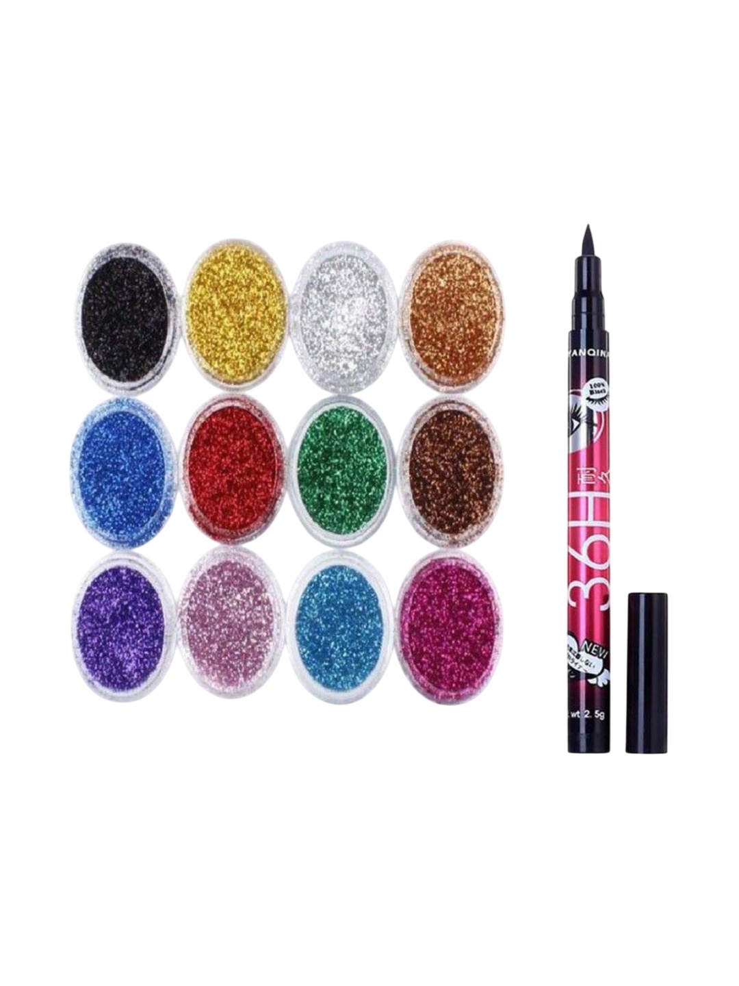 

Lenon Set Of 12 Glitter Eyeshadow- 6g Each With 36Hr Waterproof Eyeliner- 2.5g Black -Gold