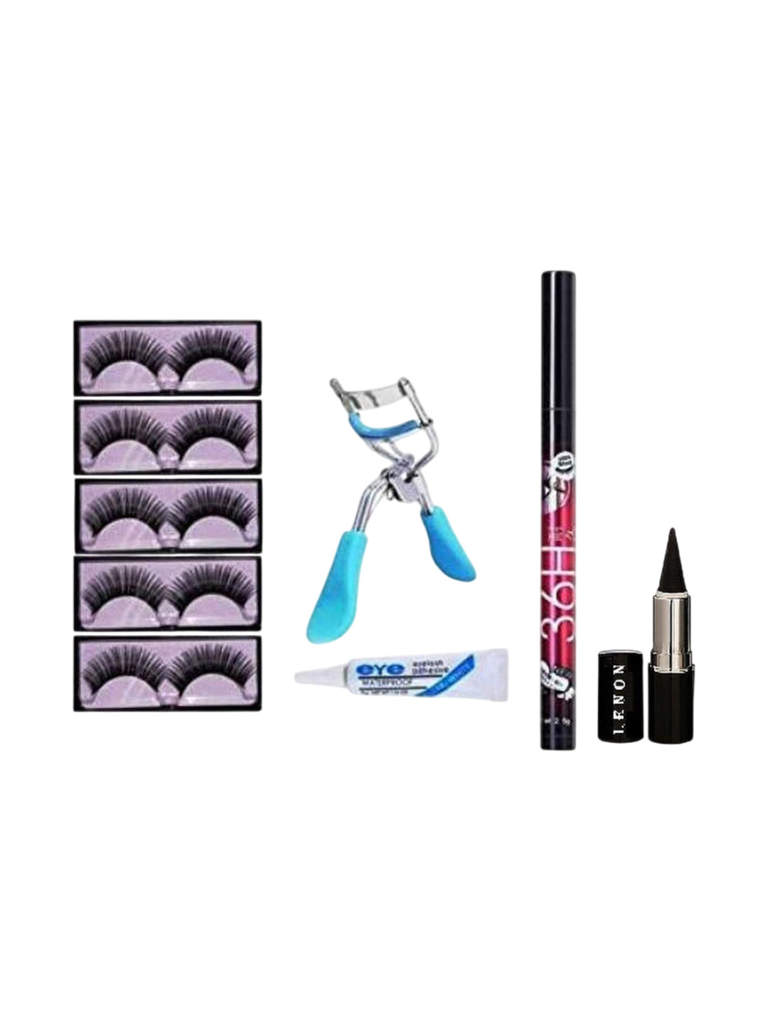 

Lenon Set Of 9 Eyelashes With Curler, Glue, Eyeliner & Kajal, Black