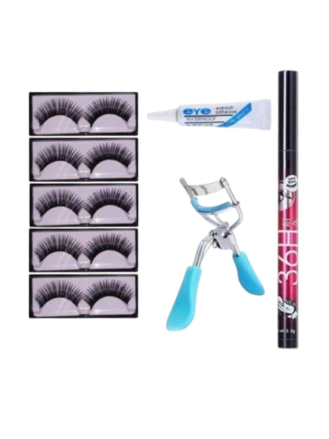 

Lenon Set Of 4 36Hr Eyeliner, Eye Curler & 5 Pairs Of False Eyelashes With Glue, Black