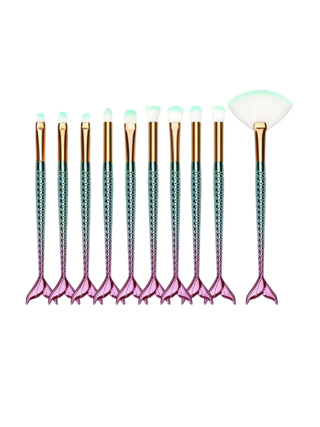 

Lenon Set Of 11 Fish Tail Makeup Brushes With Beauty Blender- Pink- Green