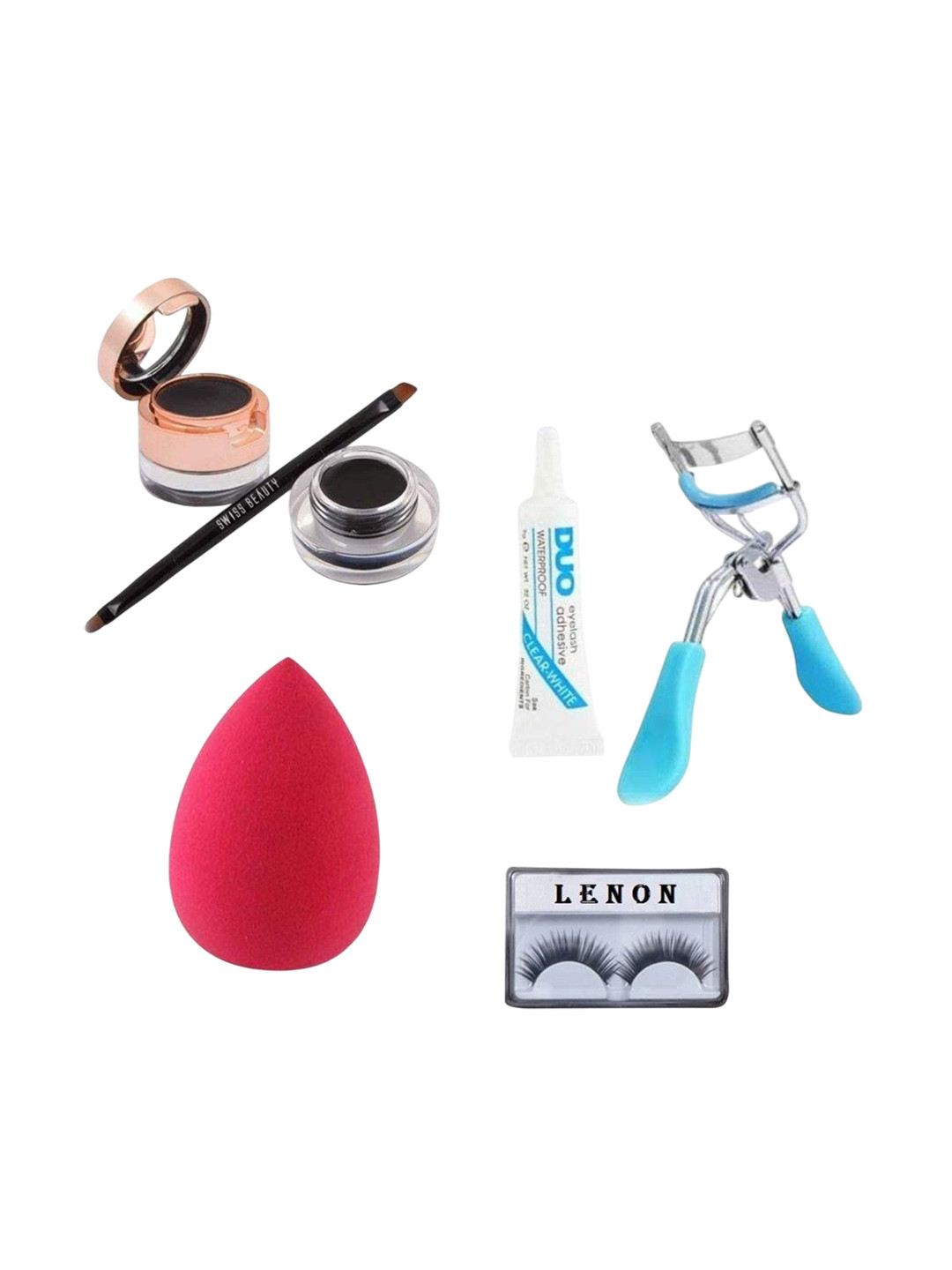 

Lenon Set Of 7 Eyelashes Eyelash Curler, Eyelash Glue, Eyeliner, Blender & Eyebrow Pencil, Black