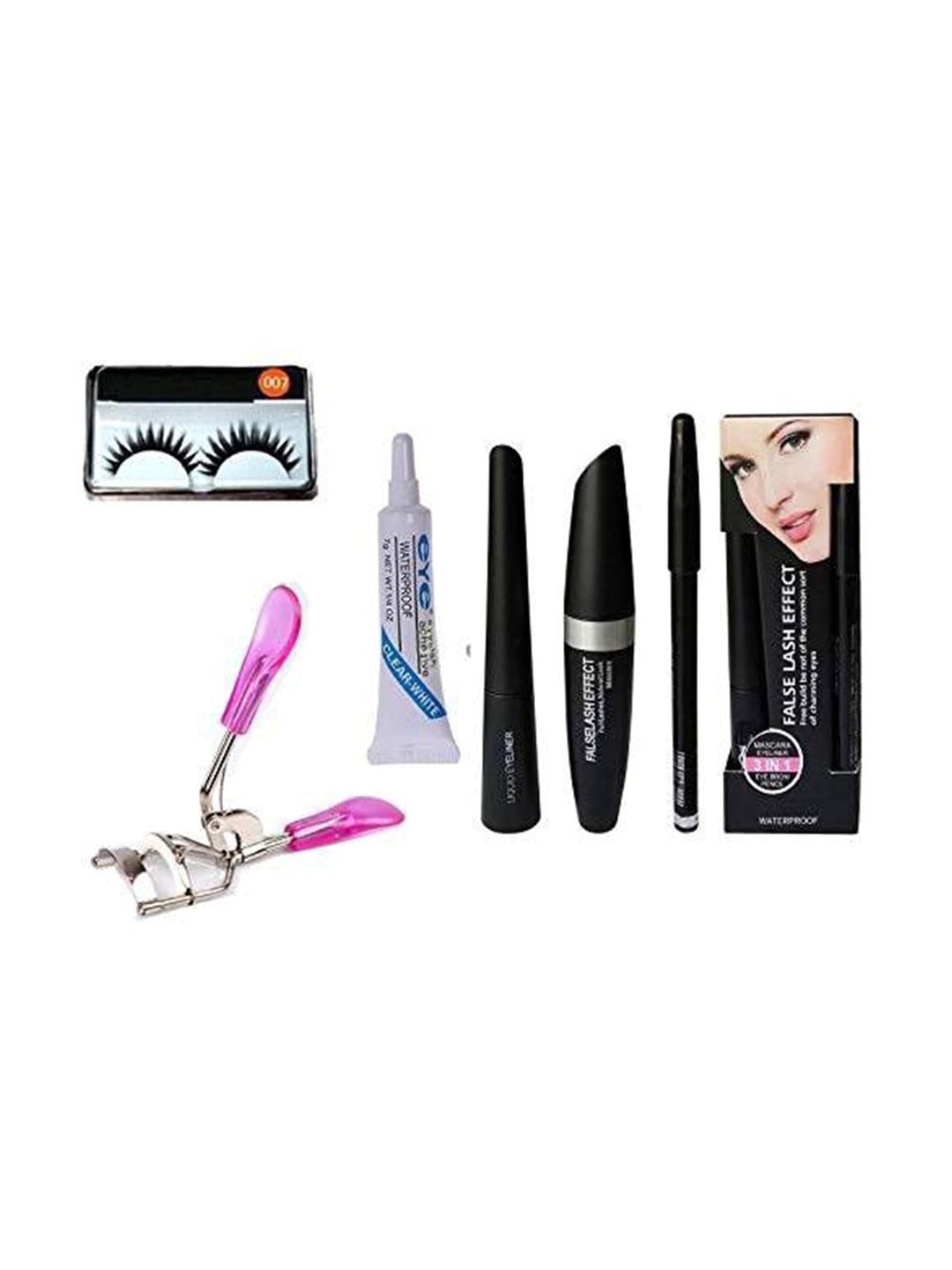 

Lenon Set Of 7 Eyelashes, Curler, Eyelash Glue 3in1 Liner, Kajal & Maskara, Black