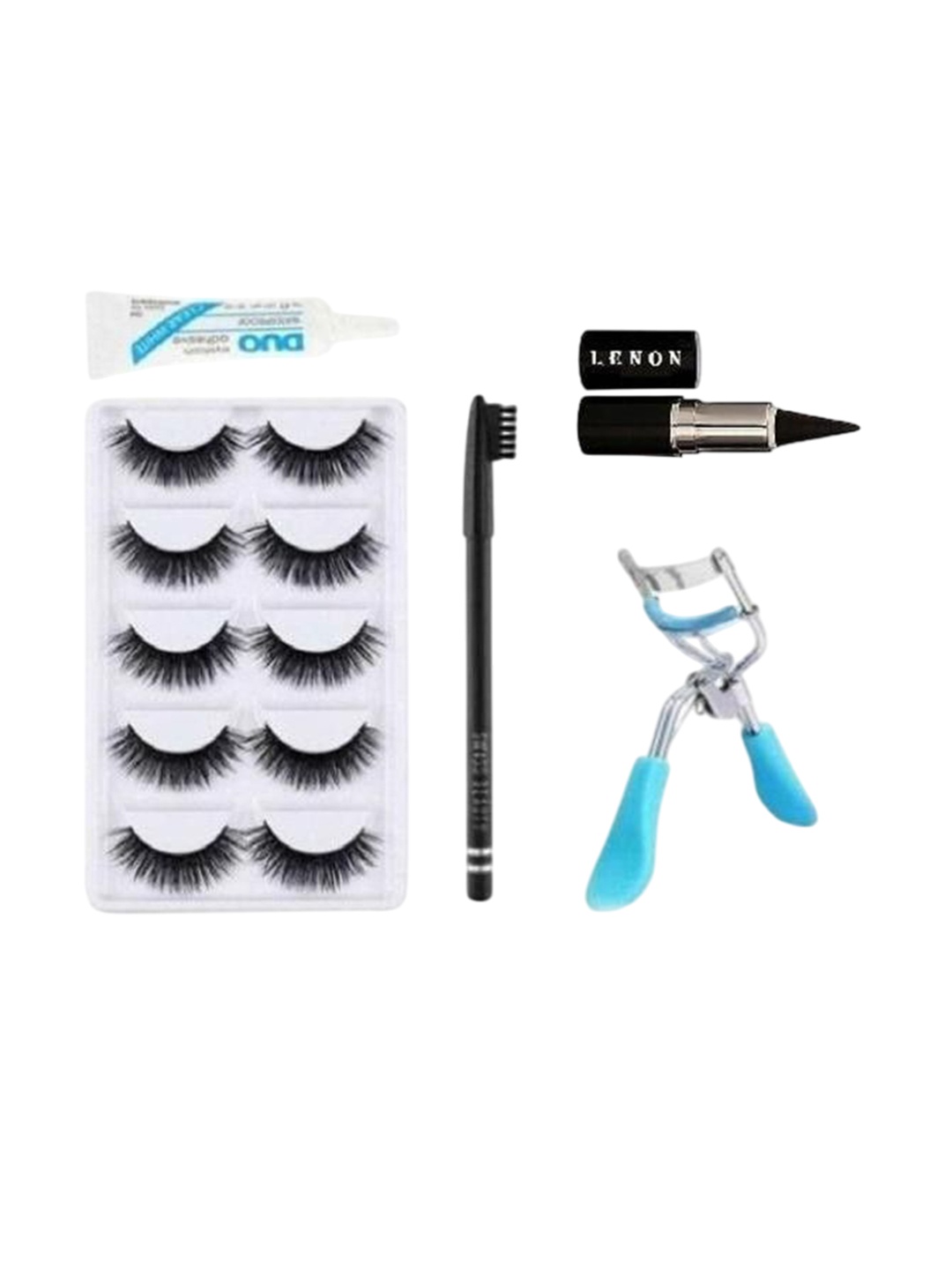 

Lenon Set Of 9 False Eyelashes- Curler- Glue- Eyebrow Pencil & Kajal, Black