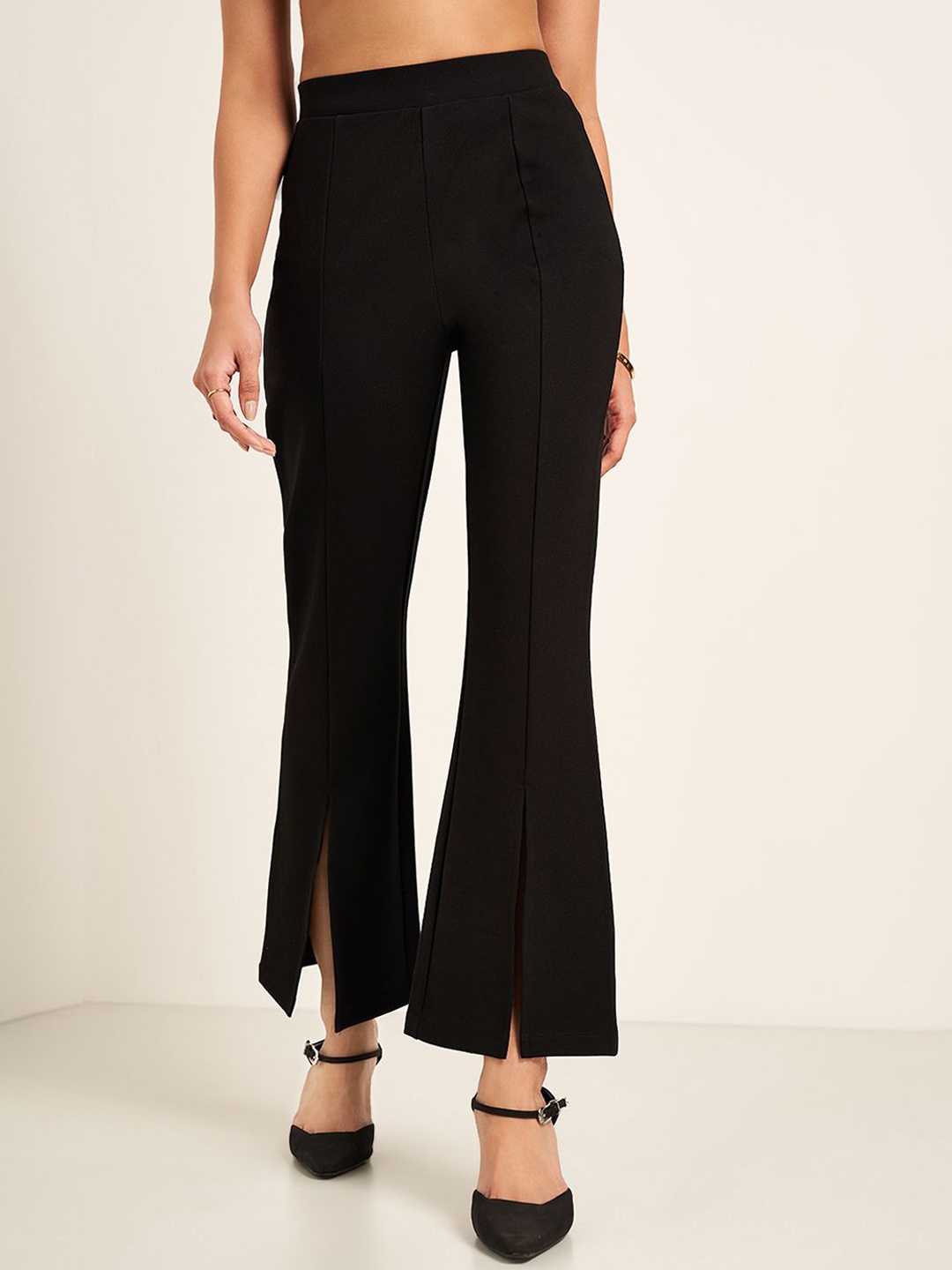 

Annabelle by Pantaloons Women Flared Mid-Rise Bootcut Trousers, Black