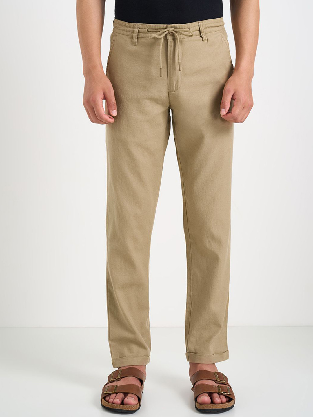 

indus route by Pantaloons Men Printed Regular Fit Mid-Rise Chinos Trousers, Khaki