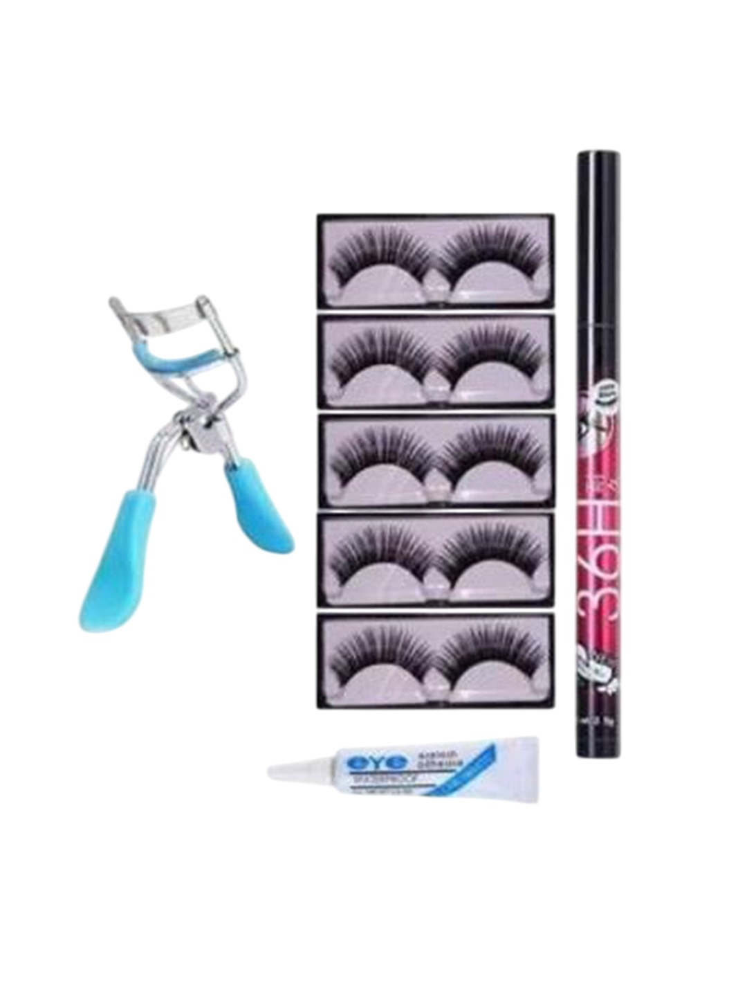 

Lenon Set Of 8 False Eyelashes- Curler- Glue & Eyeliner, Black