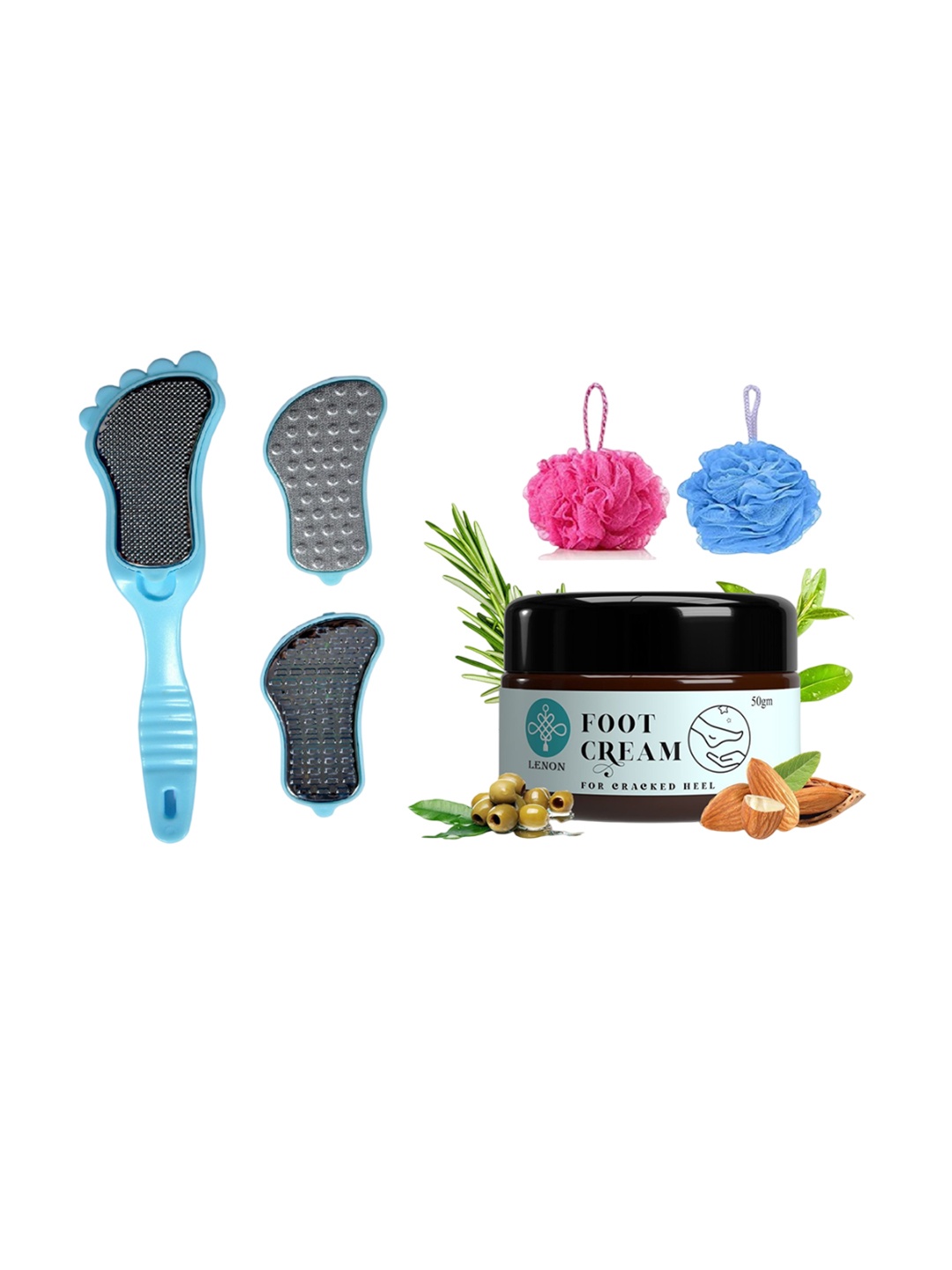 

Lenon Set Of 3 Cracked Heel Foot Cream With Olive - 50 g & 3 In 1 Foot Scurb & Loofah, Blue