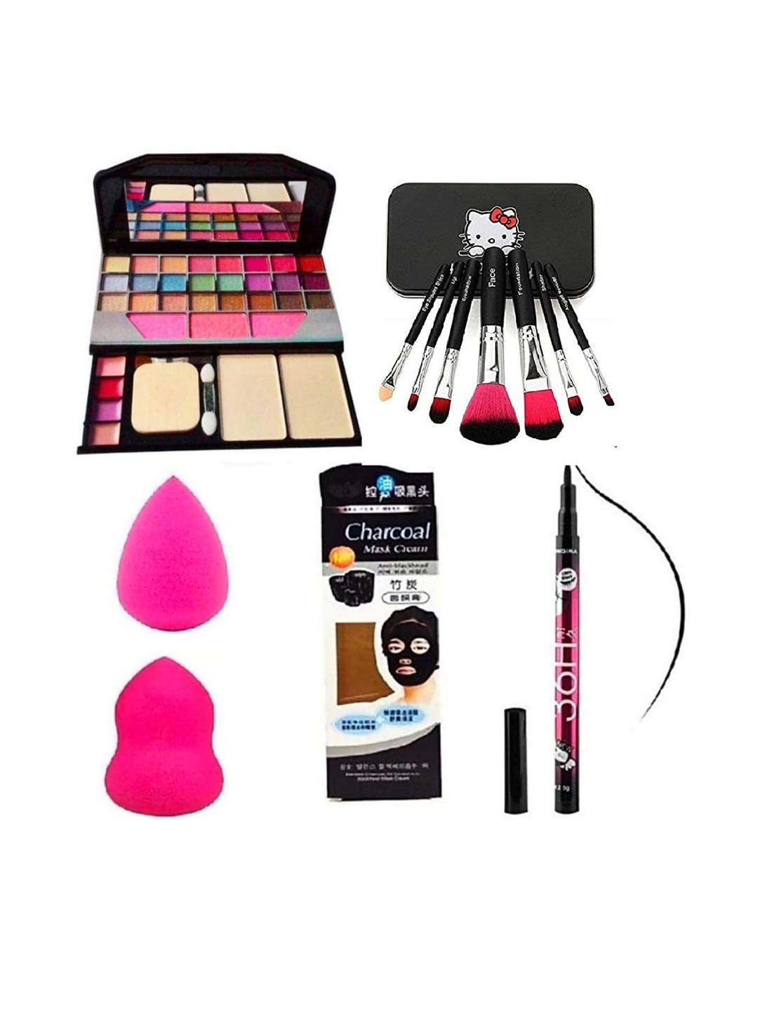 

Lenon Set Of 12 Makeup Kit With Brushes, Charcoal Face Mask, Eyeliner & Make Up Blender, Pink