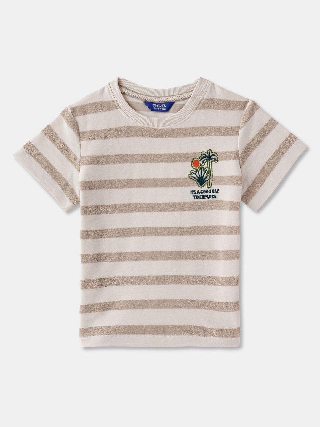 

R&B Boys Striped Round Neck Cotton T-shirt, Beige