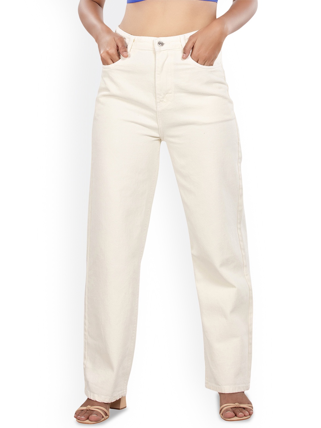 

BELLE ALLE DENIM Women Straight Fit High-Rise Jeans, Cream