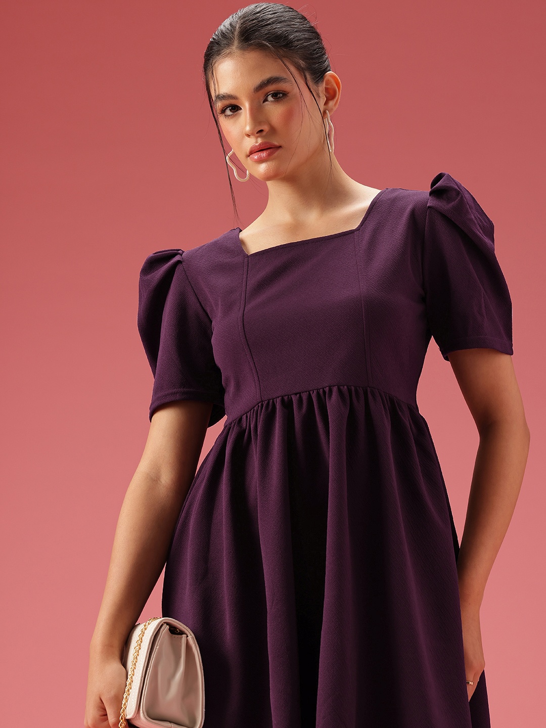 

DressBerry Gathers Detail Puff Sleeve A-Line Dress, Purple