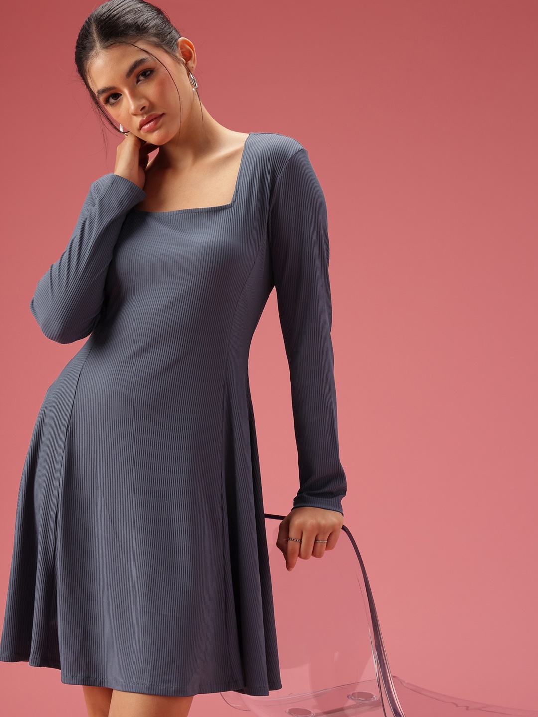 

DressBerry Long Sleeves Ribbed A-Line Dress, Grey