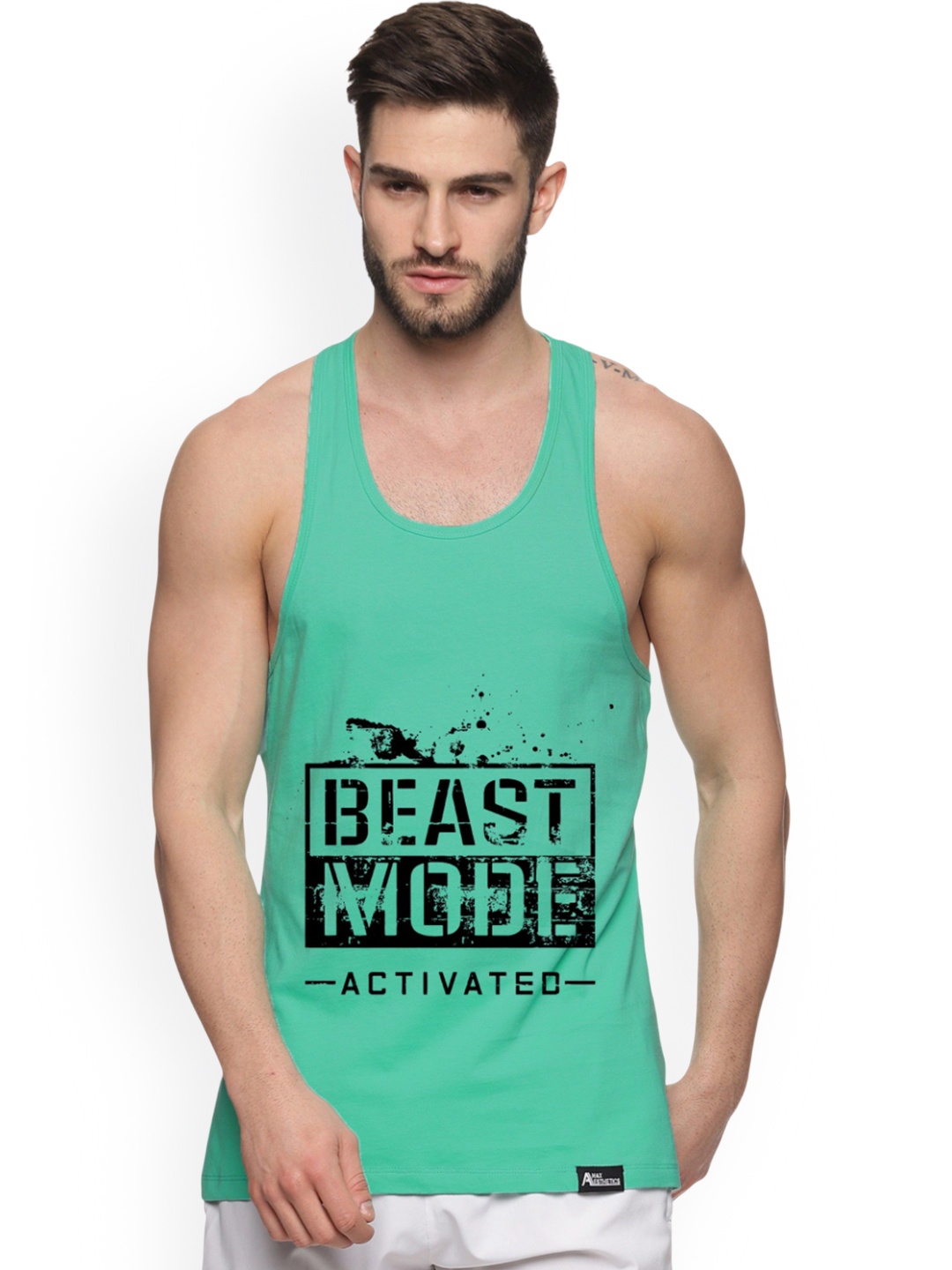 

Anax Aesthetics Men Cotton Printed Sleeveless Pastel Sando Gym Vest Stringer Tank Top, Green