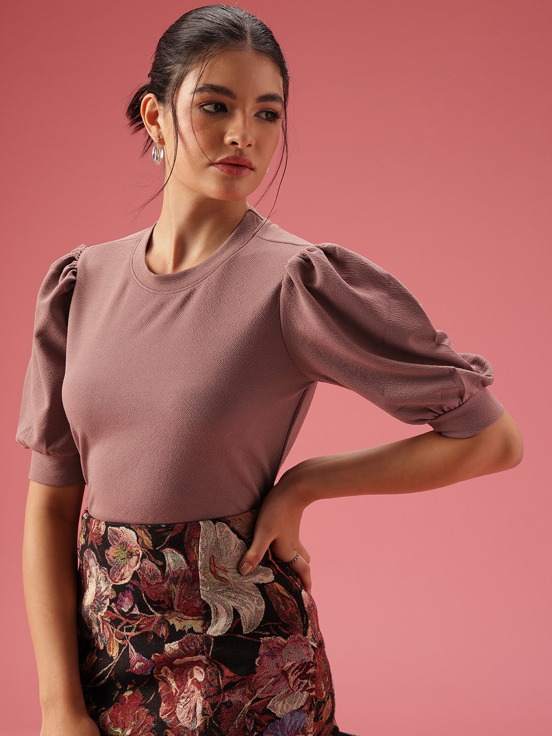 

DressBerry Self-Design Puff Sleeves Top, Mauve