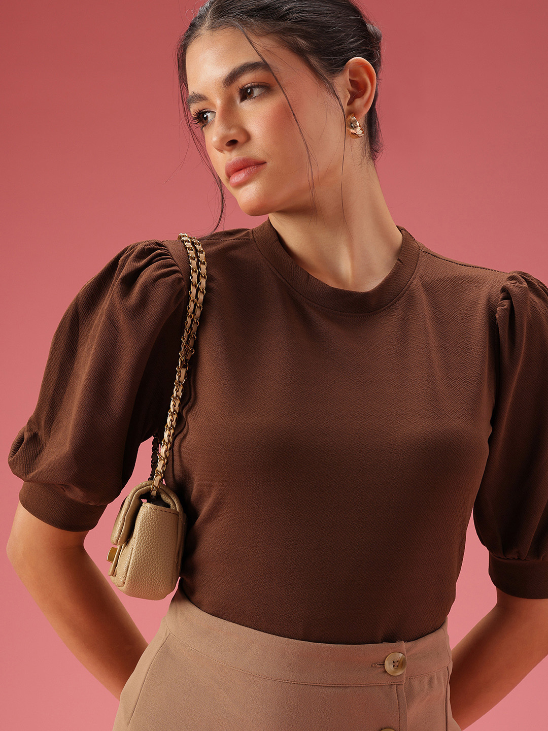 

DressBerry Self-Design Puff Sleeves Top, Coffee brown