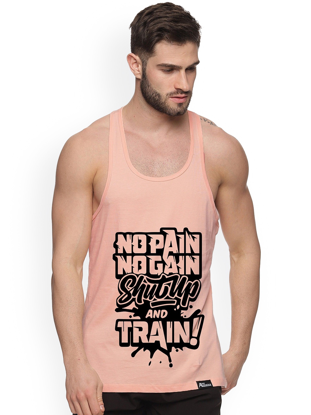 

Anax Aesthetics Men Printed Sleeveless Sando Gym Vests Stringer, Peach
