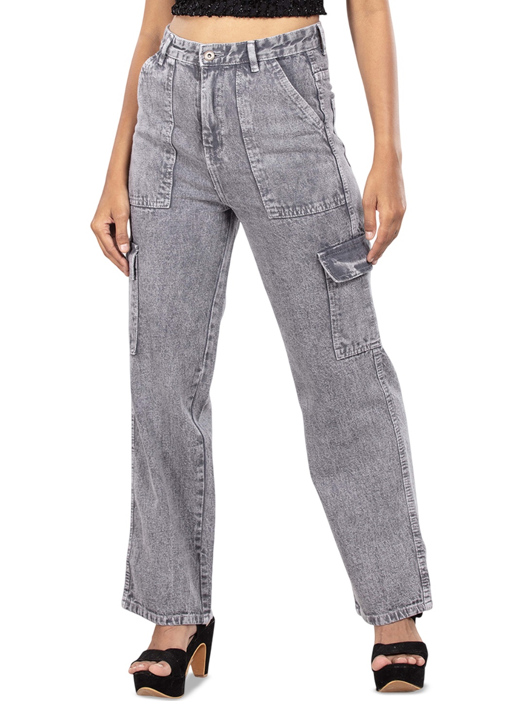 

BELLE ALLE DENIM Women Straight Fit High-Rise Heavy Fade Cotton Jeans, Grey