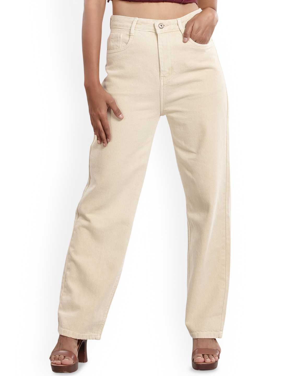 

BELLE ALLE DENIM Women Straight Fit High-Rise Jeans, Beige